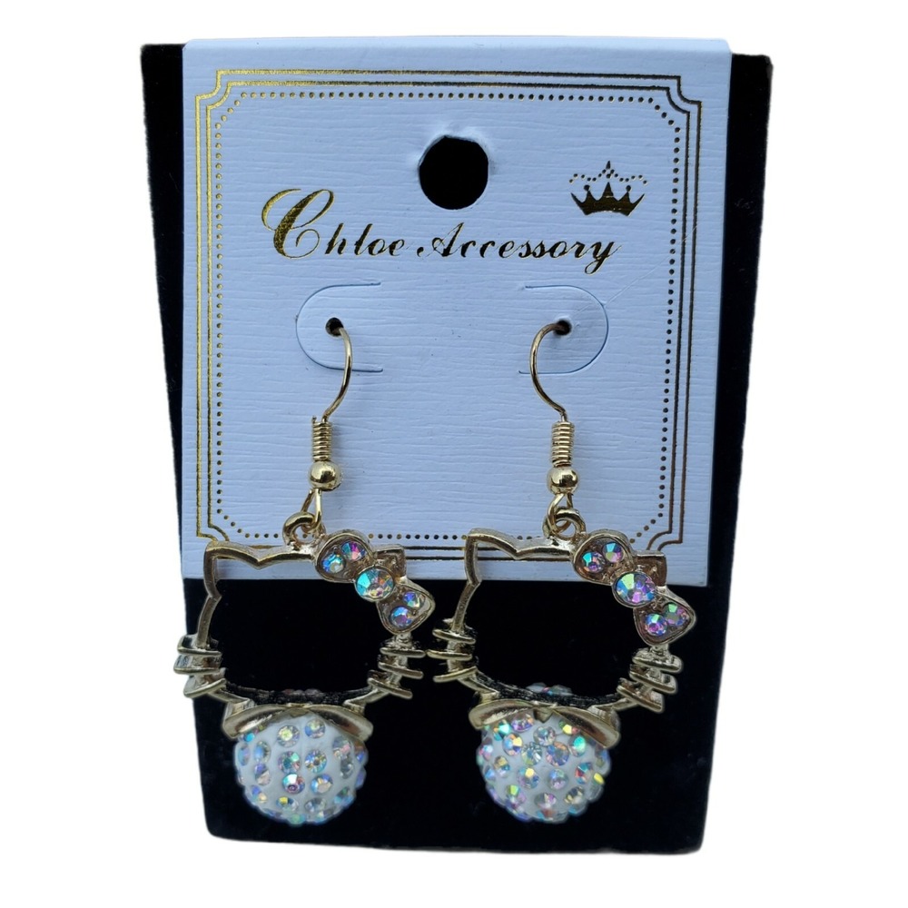 Chloe Accessory Hello Kitty Shaped Gold Tone & Rhinestone Pierced Earrings